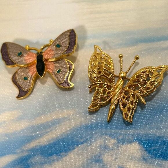 Pair Of Vtg Monet & Fish Brooch Pins Gold-tone & Pastel Cloisonne Enamel Signed - Picture 4 of 7